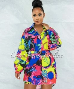 Chic Couture Online JUST IN Yenge Blue Green Multicolor Gold Buckle Belt Shirt Dress