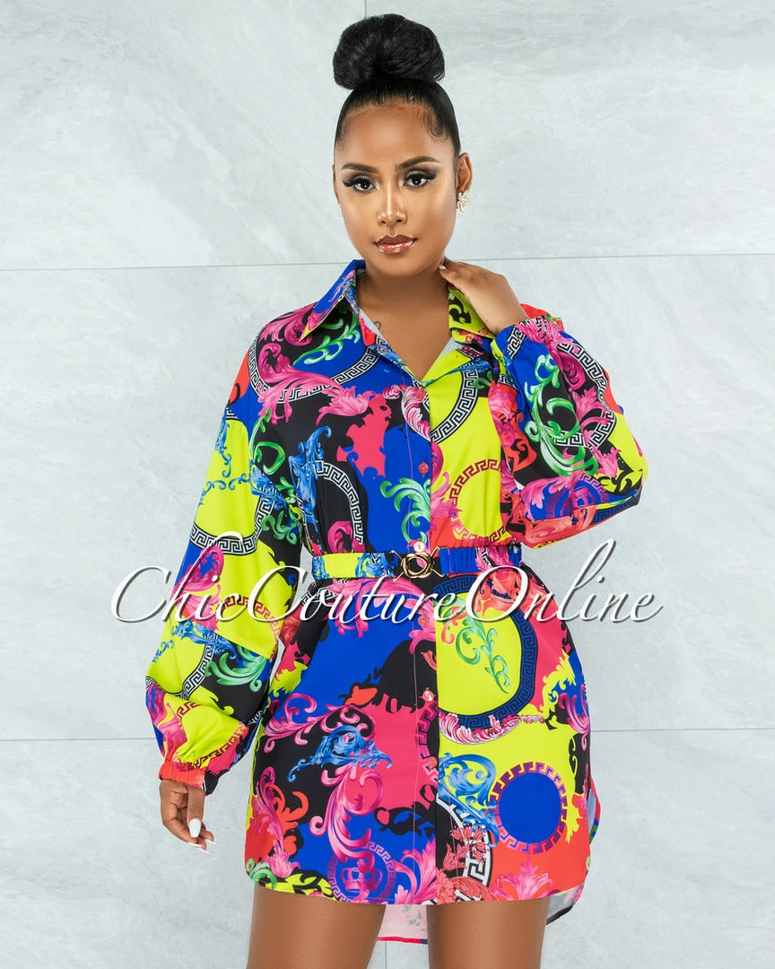 Chic Couture Online JUST IN Yenge Blue Green Multicolor Gold Buckle Belt Shirt Dress