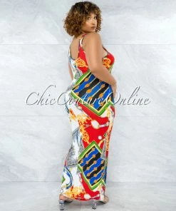 Vendor-unknown JUST IN Dulce White Red Blue Print Tank Maxi Dress
