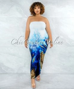 Vendor-unknown Canisa White Blue Leopard Print Tube Maxi Dress