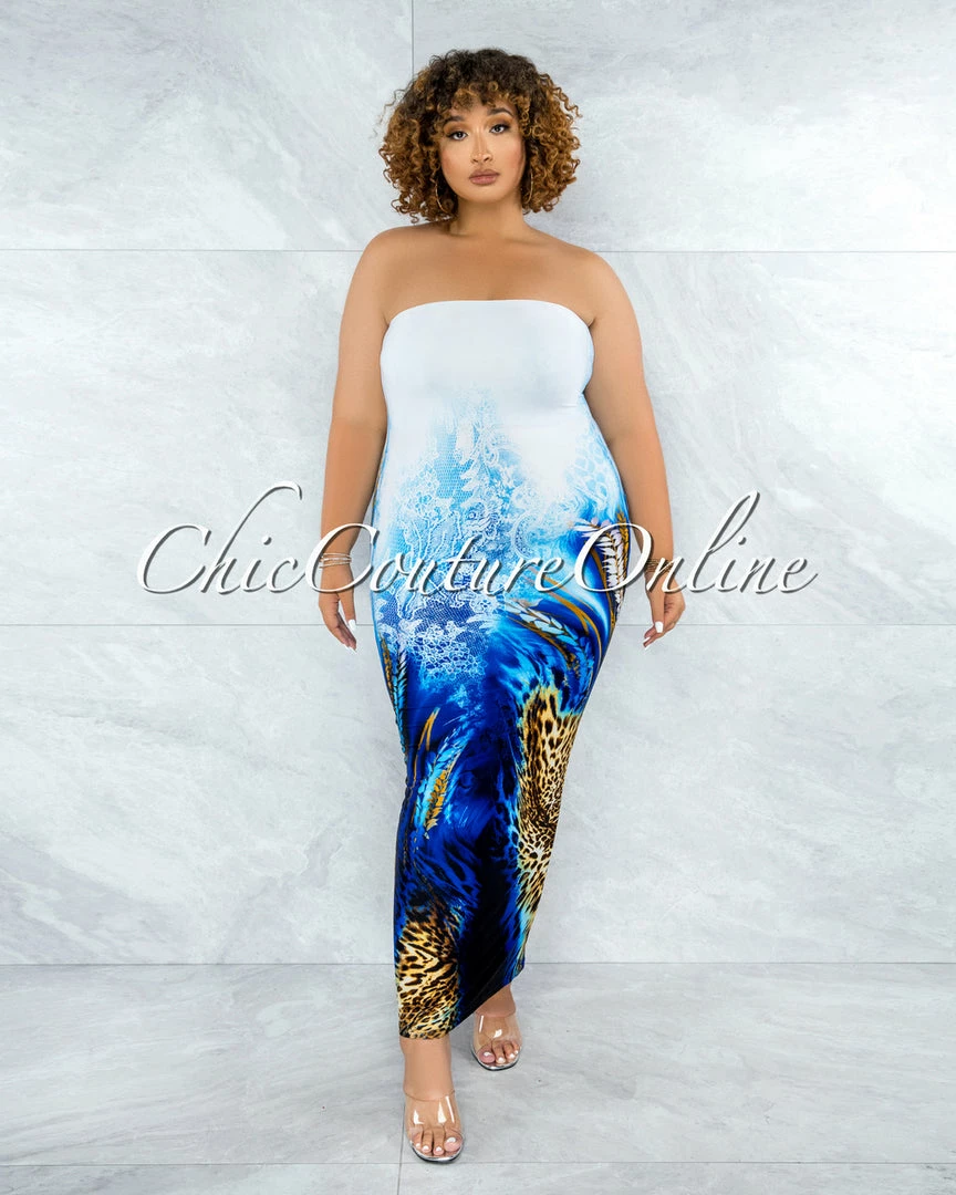Vendor-unknown Canisa White Blue Leopard Print Tube Maxi Dress