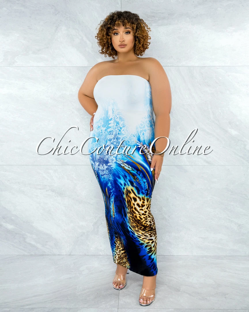 Vendor-unknown Canisa White Blue Leopard Print Tube Maxi Dress