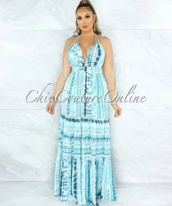 Vendor-unknown Kurtis Aquamarine Tie-Dye Open Back Halter Maxi Dress