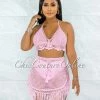 Vendor-unknown Dodge Pink Crochet Cover-Up Fringe Skirt Set SWIM