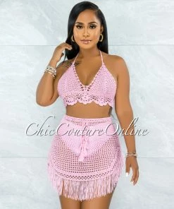 Vendor-unknown Dodge Pink Crochet Cover-Up Fringe Skirt Set SWIM