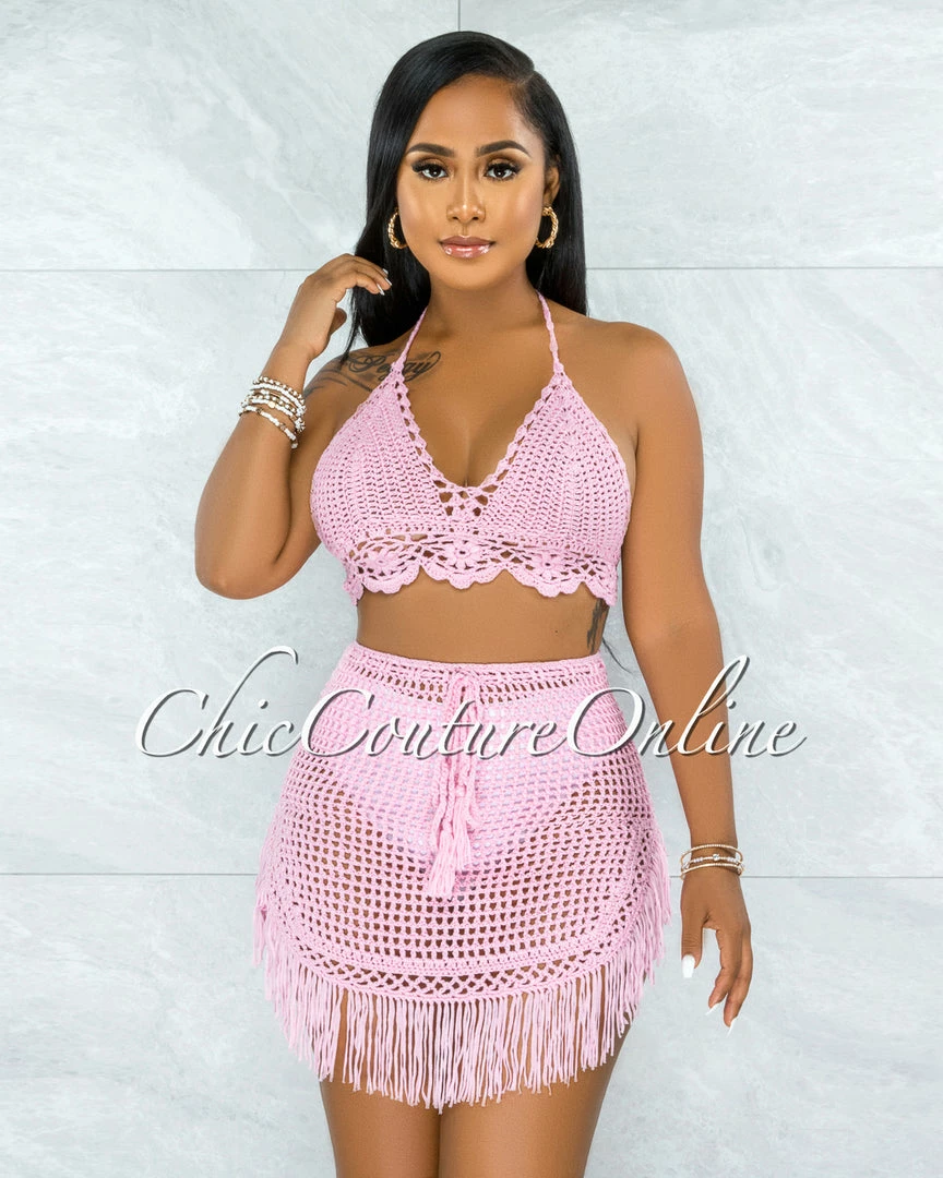 Vendor-unknown Dodge Pink Crochet Cover-Up Fringe Skirt Set SWIM