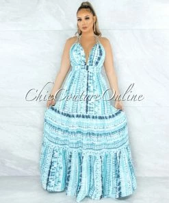 Vendor-unknown Kurtis Aquamarine Tie-Dye Open Back Halter Maxi Dress