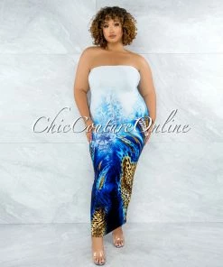 Vendor-unknown Canisa White Blue Leopard Print Tube Maxi Dress