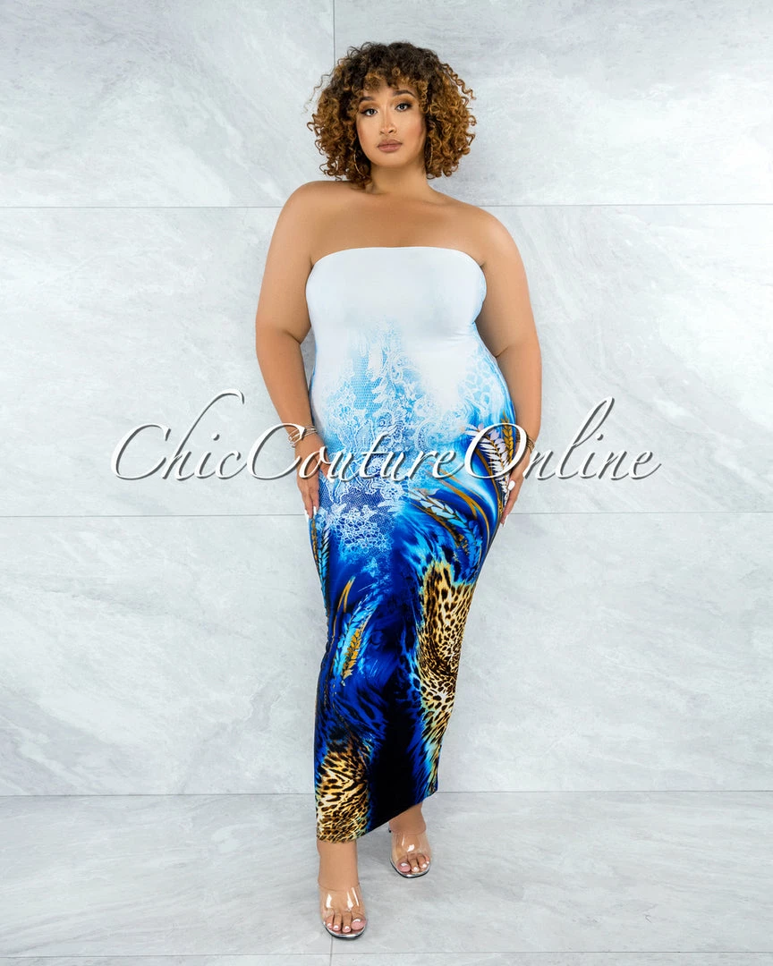 Vendor-unknown Canisa White Blue Leopard Print Tube Maxi Dress