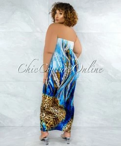 Vendor-unknown Canisa White Blue Leopard Print Tube Maxi Dress