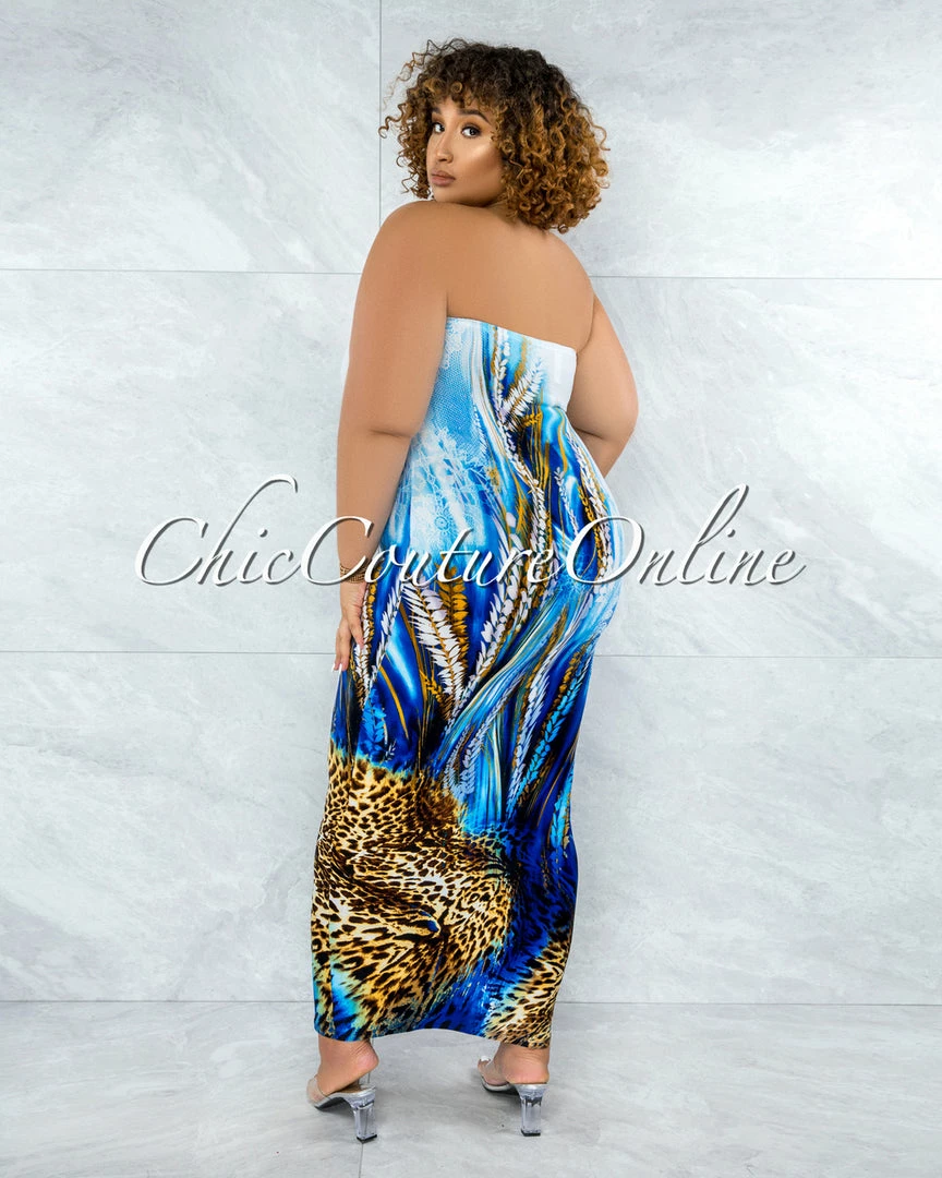Vendor-unknown Canisa White Blue Leopard Print Tube Maxi Dress