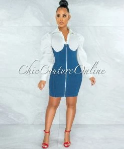 Chic Couture Online JUST IN Zerena White Shirt Denim Overall Illusion Dress