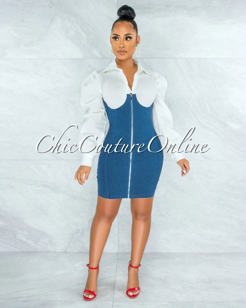 Chic Couture Online JUST IN Zerena White Shirt Denim Overall Illusion Dress