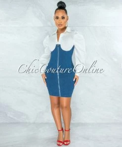 Chic Couture Online JUST IN Zerena White Shirt Denim Overall Illusion Dress