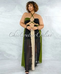 Vendor-unknown Marnin Cream Olive Black Cut-Out Maxi CURVACEOUS Dress