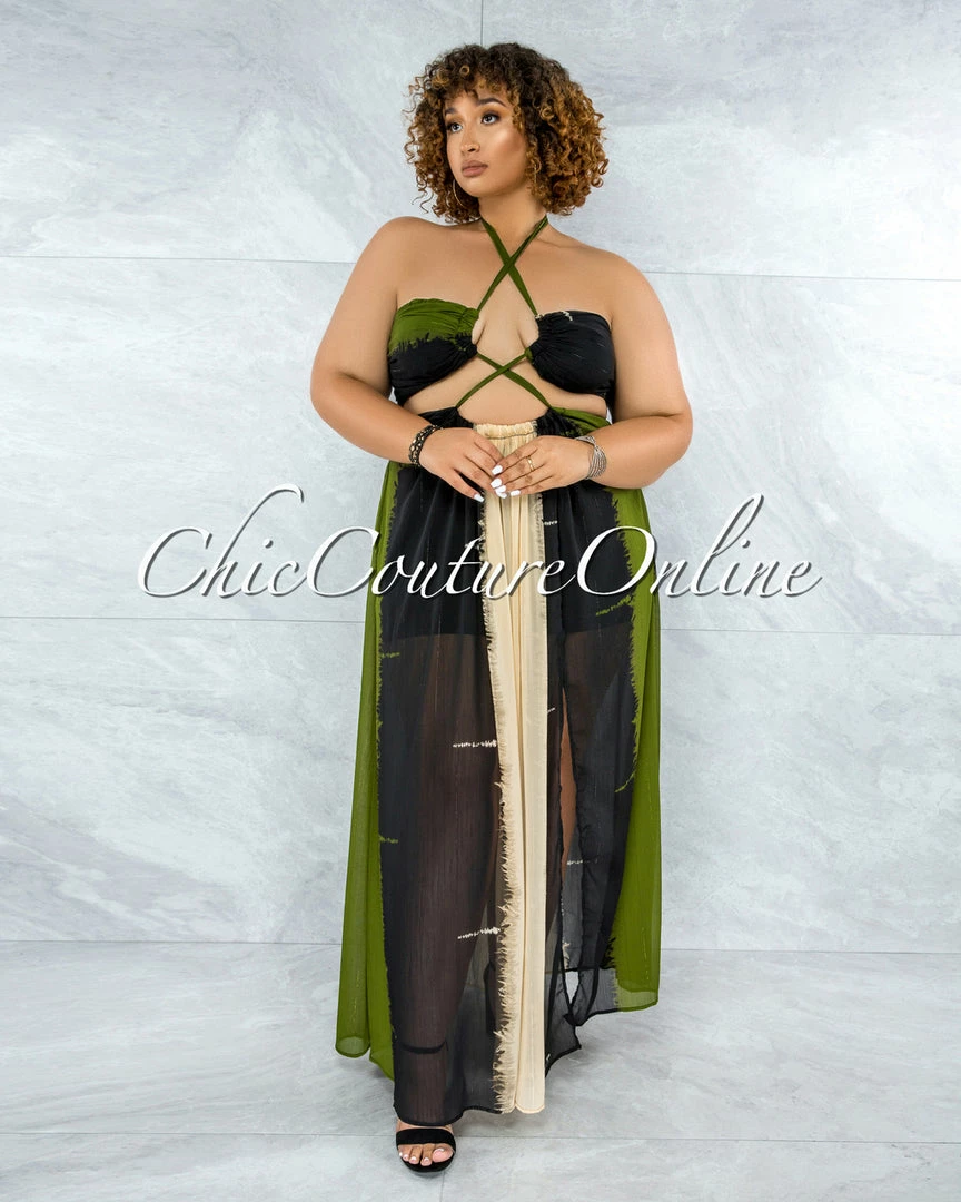 Vendor-unknown Marnin Cream Olive Black Cut-Out Maxi CURVACEOUS Dress