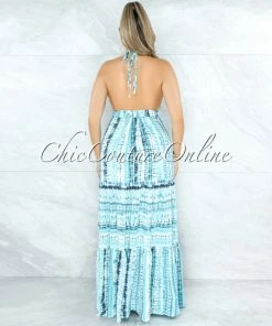 Vendor-unknown Kurtis Aquamarine Tie-Dye Open Back Halter Maxi Dress
