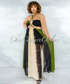 Vendor-unknown Marnin Cream Olive Black Cut-Out Maxi CURVACEOUS Dress
