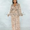 Vendor-unknown Evander Brown White Print Pleated Satin Jumpsuit JUST IN