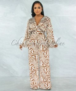 Vendor-unknown Evander Brown White Print Pleated Satin Jumpsuit JUST IN