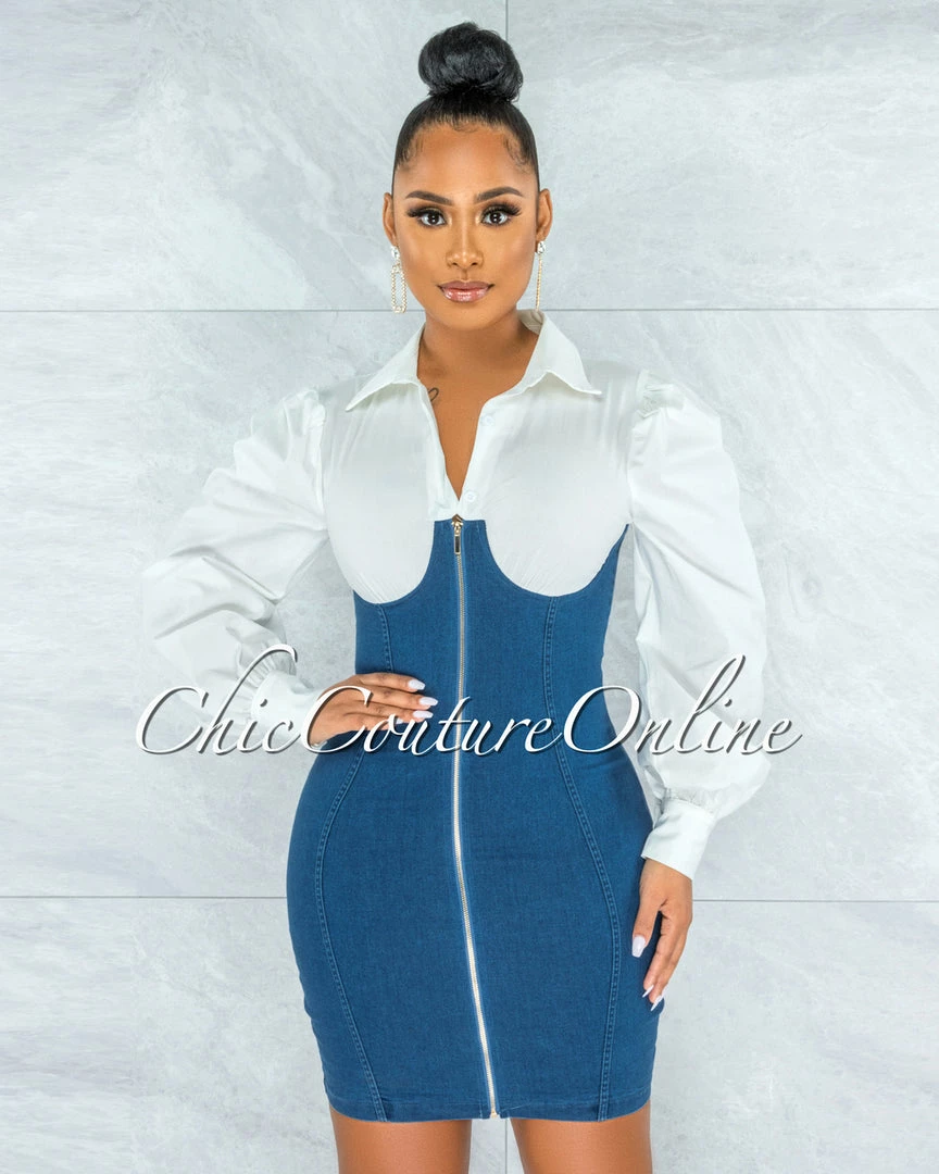 Chic Couture Online JUST IN Zerena White Shirt Denim Overall Illusion Dress