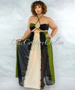 Vendor-unknown Marnin Cream Olive Black Cut-Out Maxi CURVACEOUS Dress