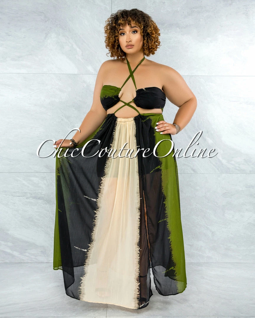 Vendor-unknown Marnin Cream Olive Black Cut-Out Maxi CURVACEOUS Dress