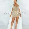 Vendor-unknown JUST IN Moronta Nude Rhinestones White Mesh Long Pleated Sleeves Dress