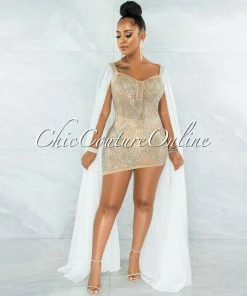 Vendor-unknown JUST IN Moronta Nude Rhinestones White Mesh Long Pleated Sleeves Dress