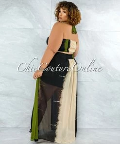 Vendor-unknown Marnin Cream Olive Black Cut-Out Maxi CURVACEOUS Dress