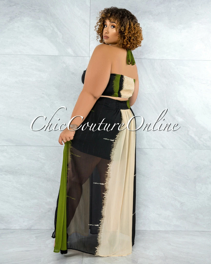 Vendor-unknown Marnin Cream Olive Black Cut-Out Maxi CURVACEOUS Dress