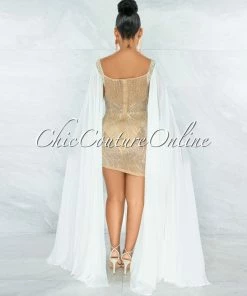 Vendor-unknown JUST IN Moronta Nude Rhinestones White Mesh Long Pleated Sleeves Dress