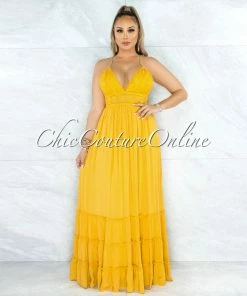 Vendor-unknown Nadalia Mustard Yellow Crochet See-Through Waist Maxi Dress