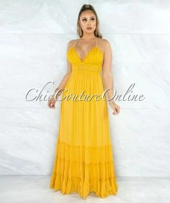 Vendor-unknown Nadalia Mustard Yellow Crochet See-Through Waist Maxi Dress