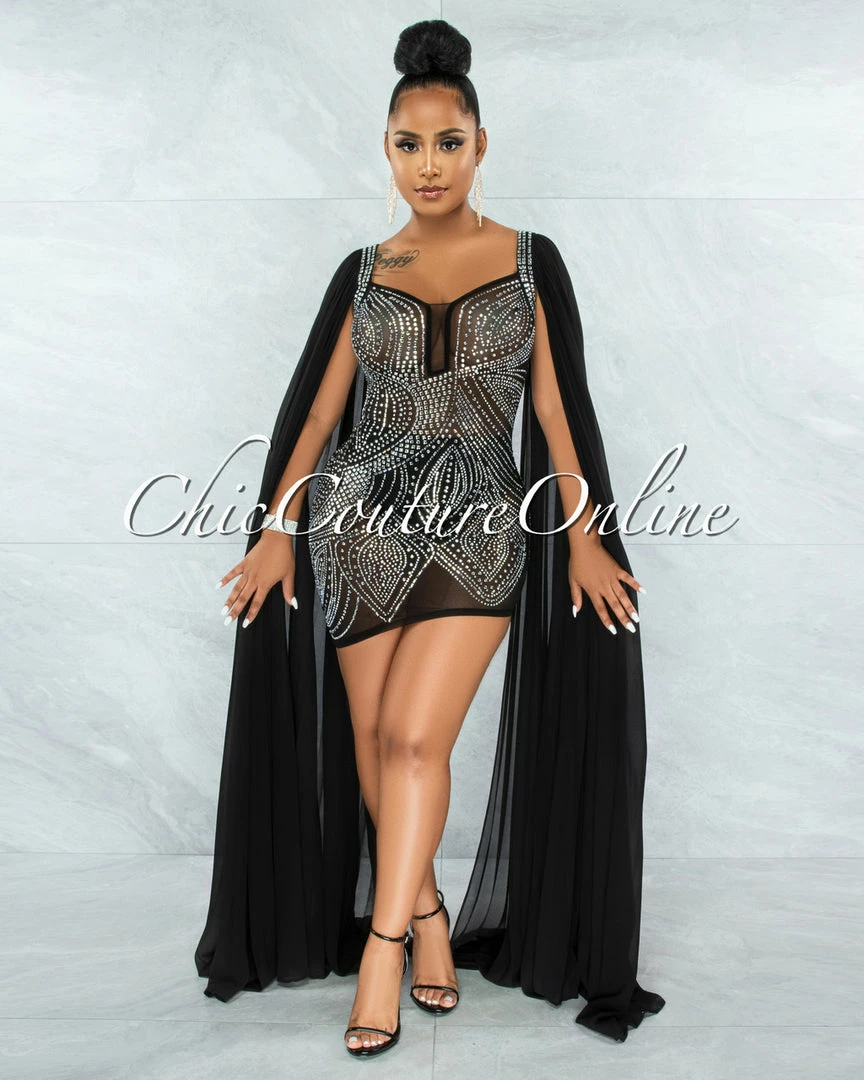 Vendor-unknown Moronta Black Rhinestones Mesh Long Pleated Sleeves Dress