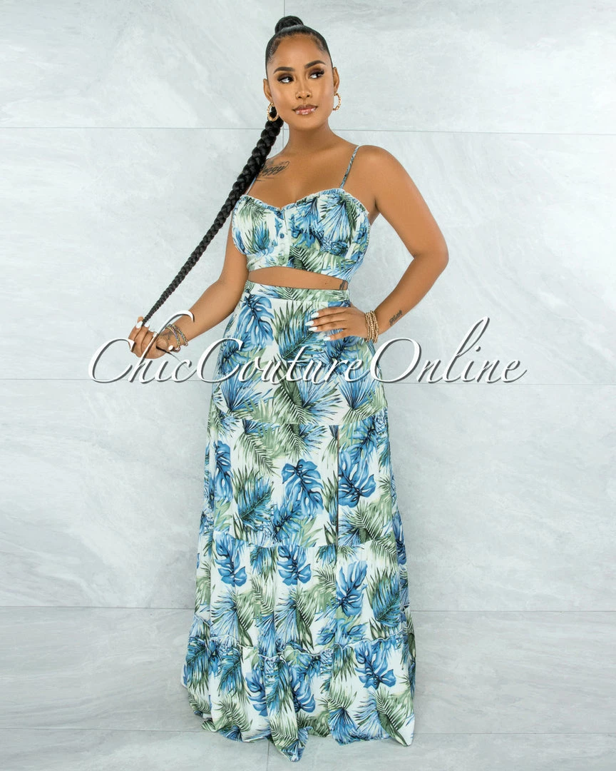 Vendor-unknown JUST IN Precious Blue Green Leaf Print Crop Top & Maxi Skirt Set