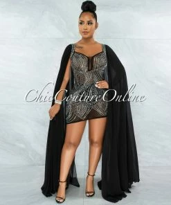 Vendor-unknown Moronta Black Rhinestones Mesh Long Pleated Sleeves Dress