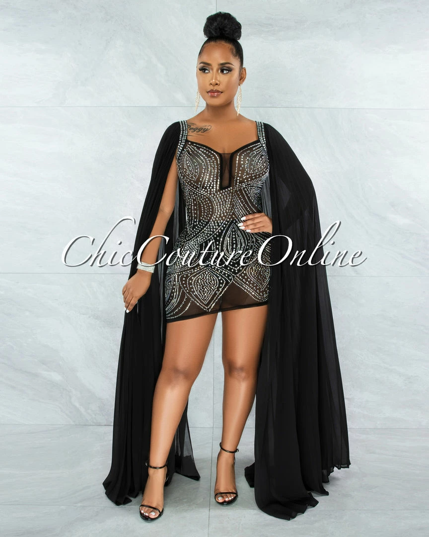 Vendor-unknown Moronta Black Rhinestones Mesh Long Pleated Sleeves Dress