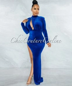 Vendor-unknown Bauciss Royal Blue Velvet Side Slit Maxi Dress