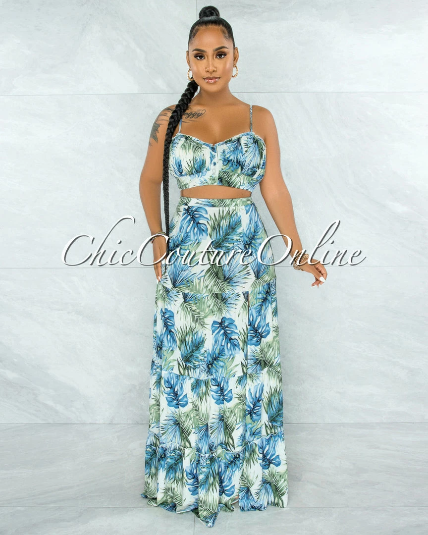 Vendor-unknown JUST IN Precious Blue Green Leaf Print Crop Top & Maxi Skirt Set