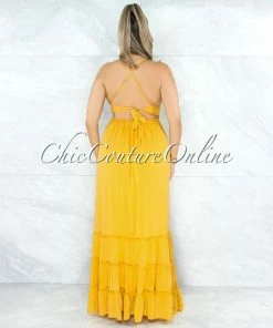 Vendor-unknown Nadalia Mustard Yellow Crochet See-Through Waist Maxi Dress