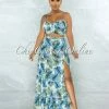Vendor-unknown JUST IN Precious Blue Green Leaf Print Crop Top & Maxi Skirt Set