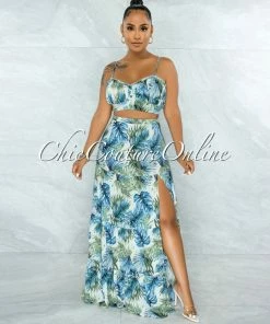 Vendor-unknown JUST IN Precious Blue Green Leaf Print Crop Top & Maxi Skirt Set