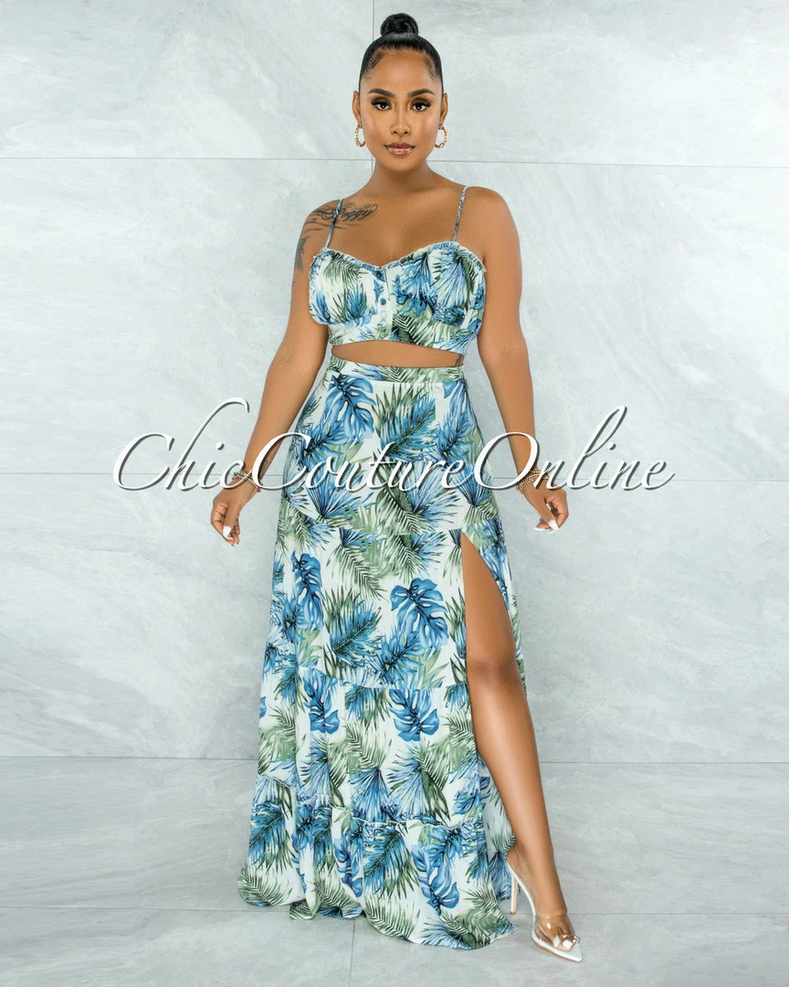 Vendor-unknown JUST IN Precious Blue Green Leaf Print Crop Top & Maxi Skirt Set