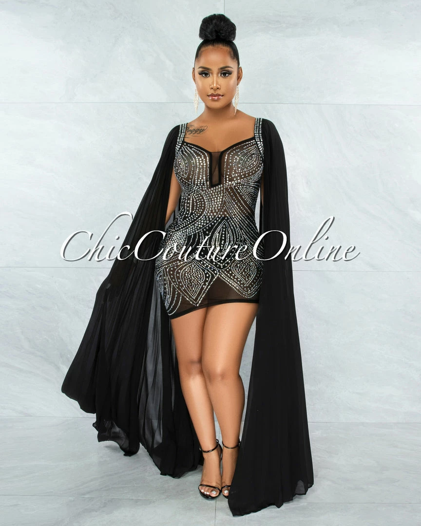 Vendor-unknown Moronta Black Rhinestones Mesh Long Pleated Sleeves Dress