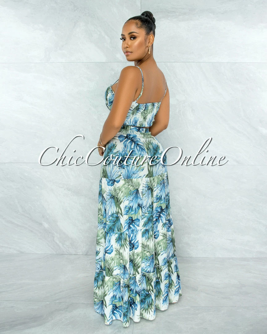 Vendor-unknown JUST IN Precious Blue Green Leaf Print Crop Top & Maxi Skirt Set