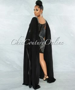 Vendor-unknown Moronta Black Rhinestones Mesh Long Pleated Sleeves Dress