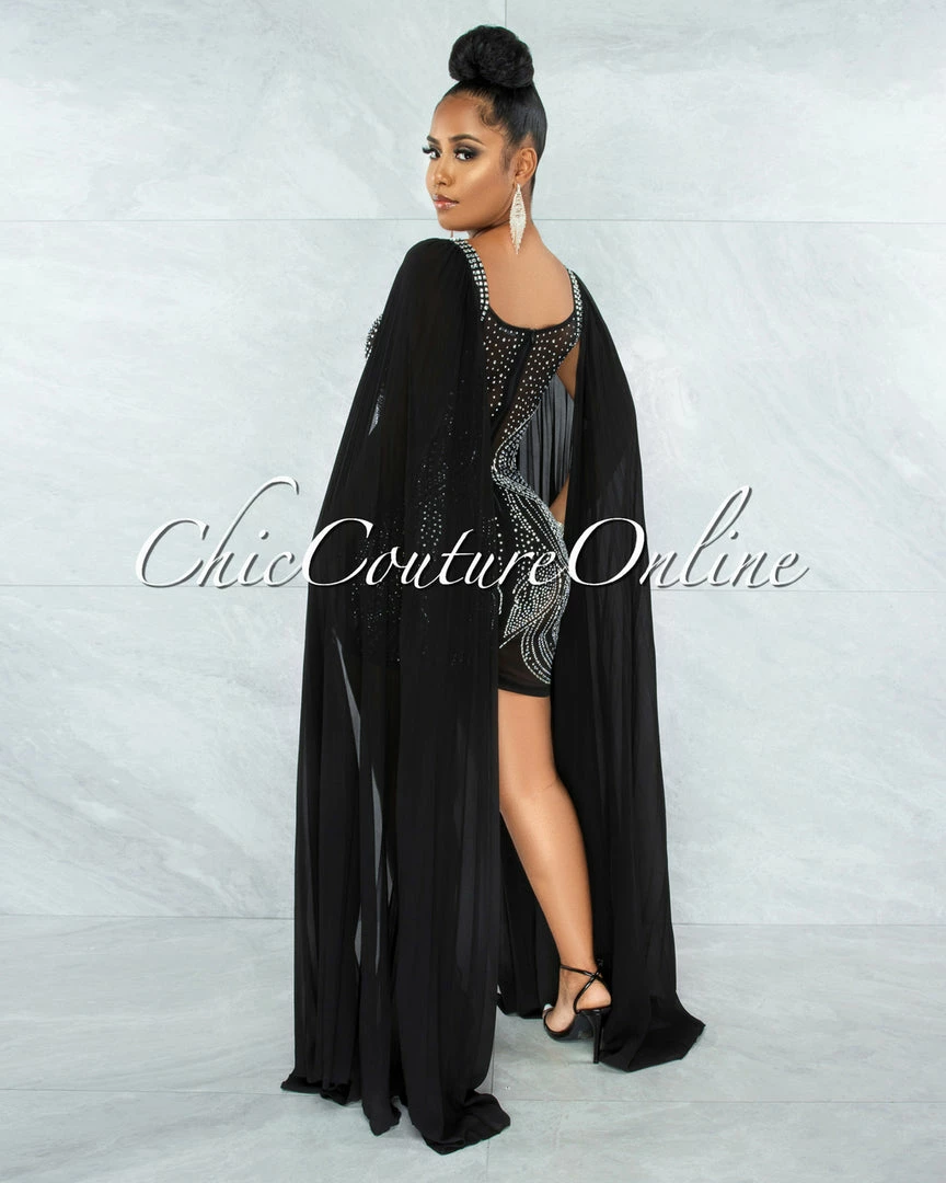 Vendor-unknown Moronta Black Rhinestones Mesh Long Pleated Sleeves Dress