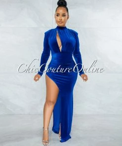 Vendor-unknown Bauciss Royal Blue Velvet Side Slit Maxi Dress