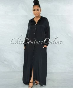 Vendor-unknown JUST IN Gazali Black Front Buttons Shirt Maxi Duster Dress